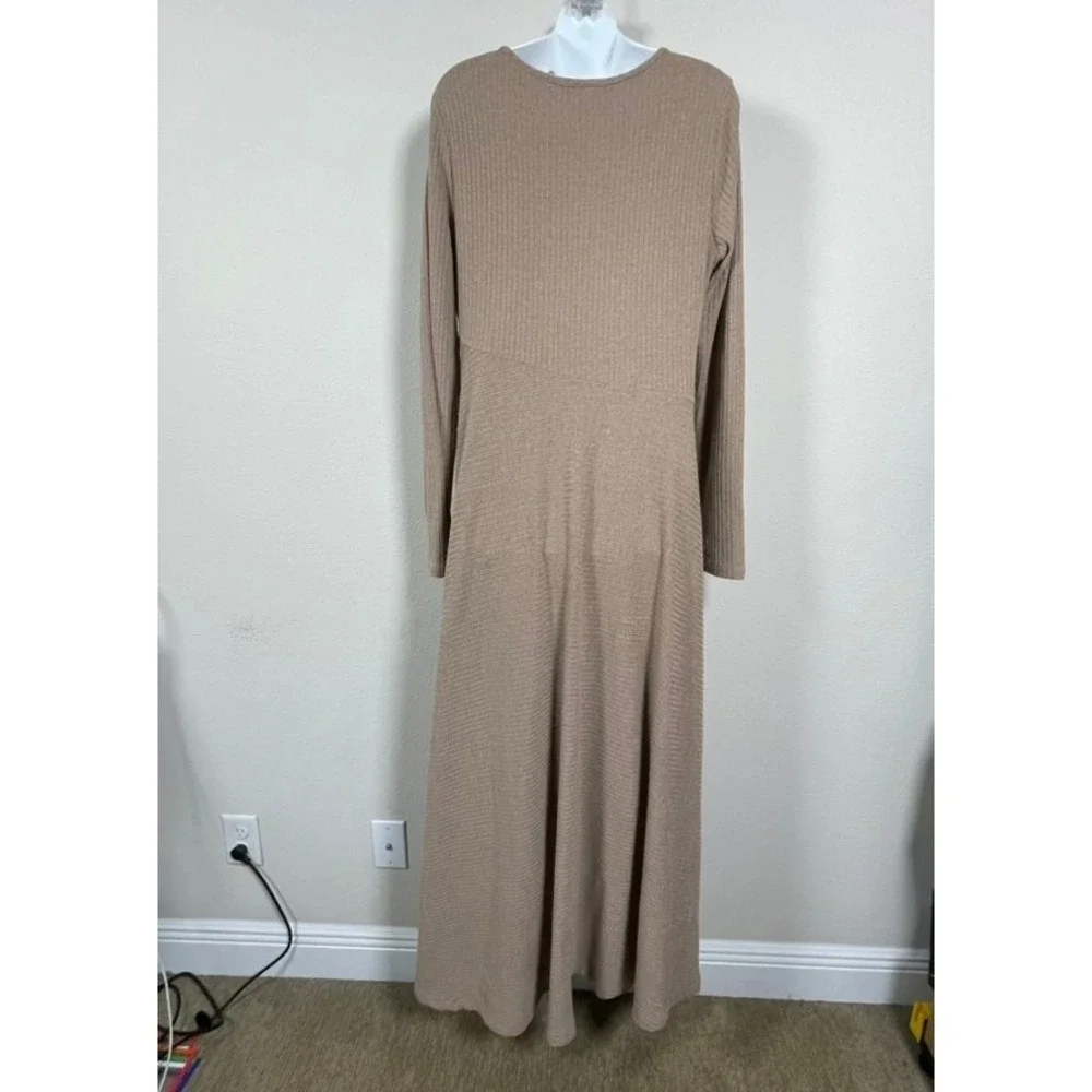 Soft Surroundings Ribbed Maxi Dress XL Tan Minimalist Cottagecore Long Sleeve